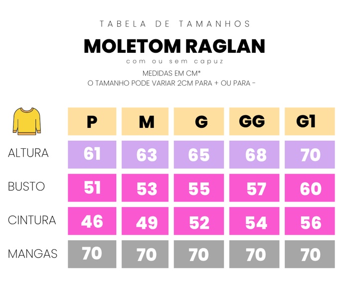 Tabela de medida blusa moletom